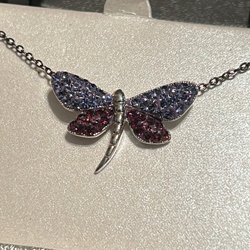 Silver Plated Dragon Fly Crystal Necklace - Tanzanite and Amethyst
